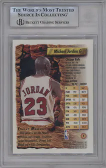 Michael Jordan from the 1993-94 Topps Finest set featuring a Refractor parallel graded by Beckett and given an overall grade of 8.