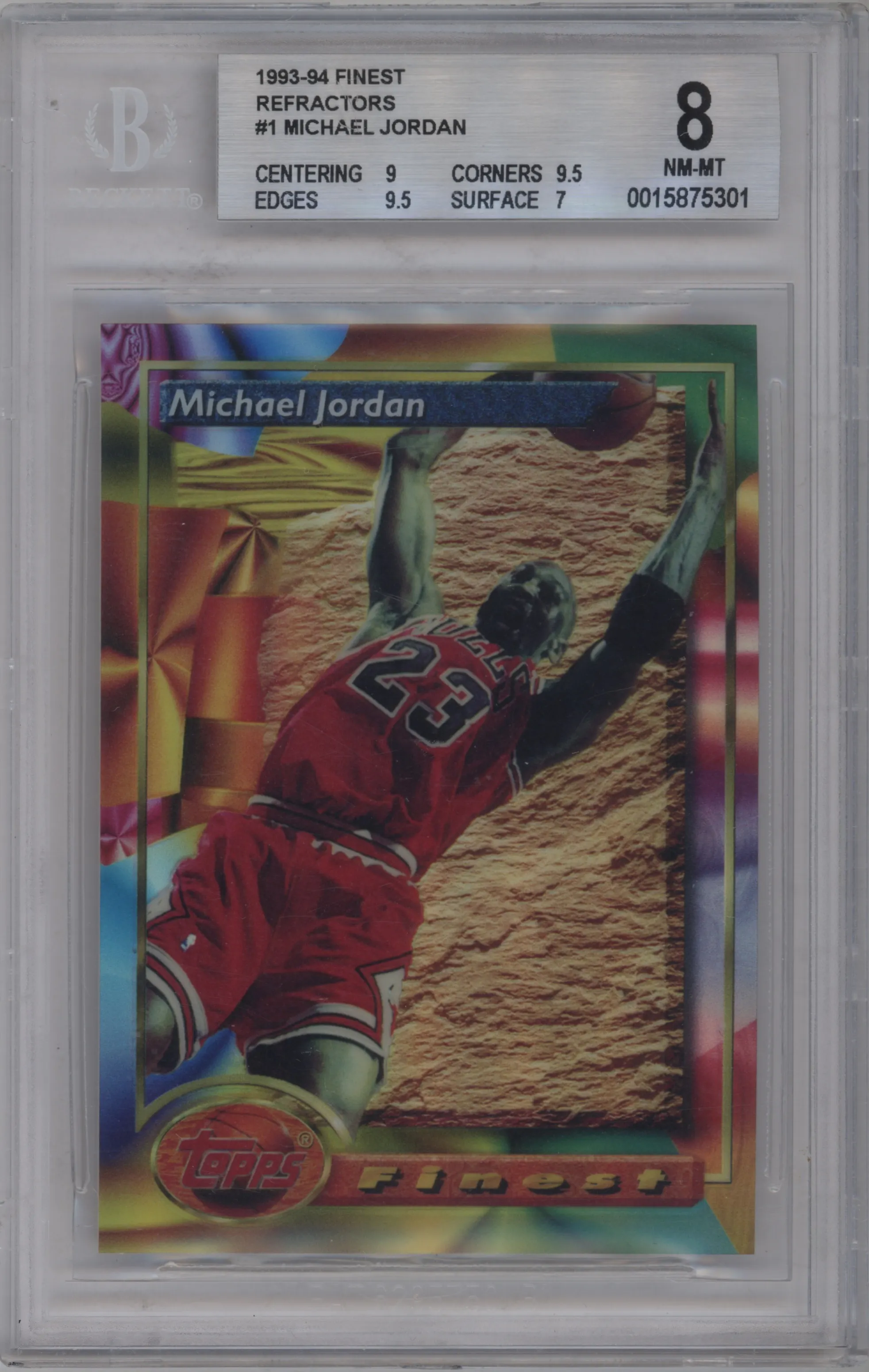 Michael Jordan from the 1993-94 Topps Finest  set featuring a Refractor parallel graded by Beckett and given an overall grade of 8.