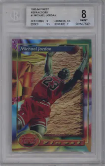 Michael Jordan from the 1993-94 Topps Finest set featuring a Refractor parallel graded by Beckett and given an overall grade of 8.