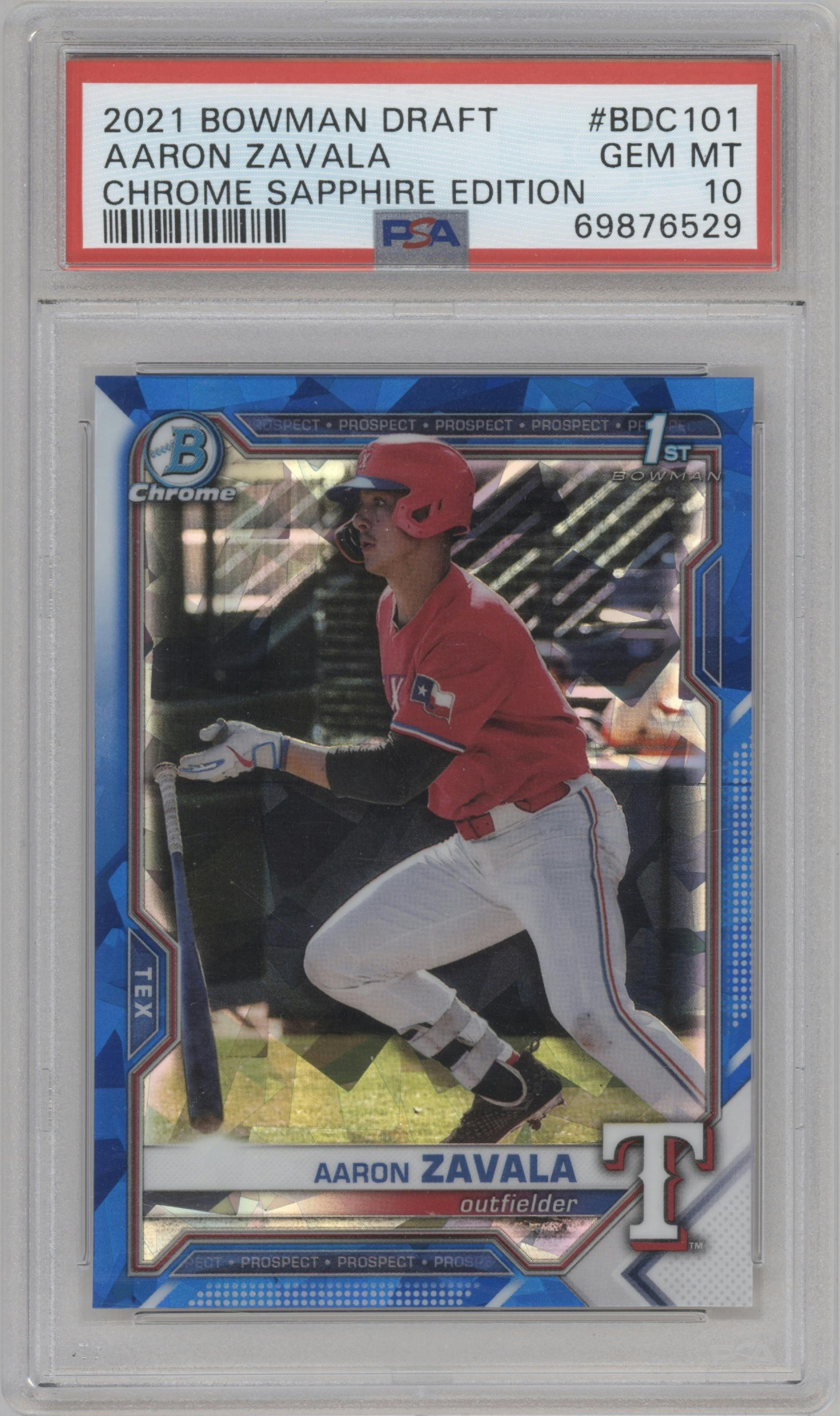 Aaron Zavala from the 2021 Bowman Draft Sapphire Edition set graded by PSA and given an overall grade of 10.