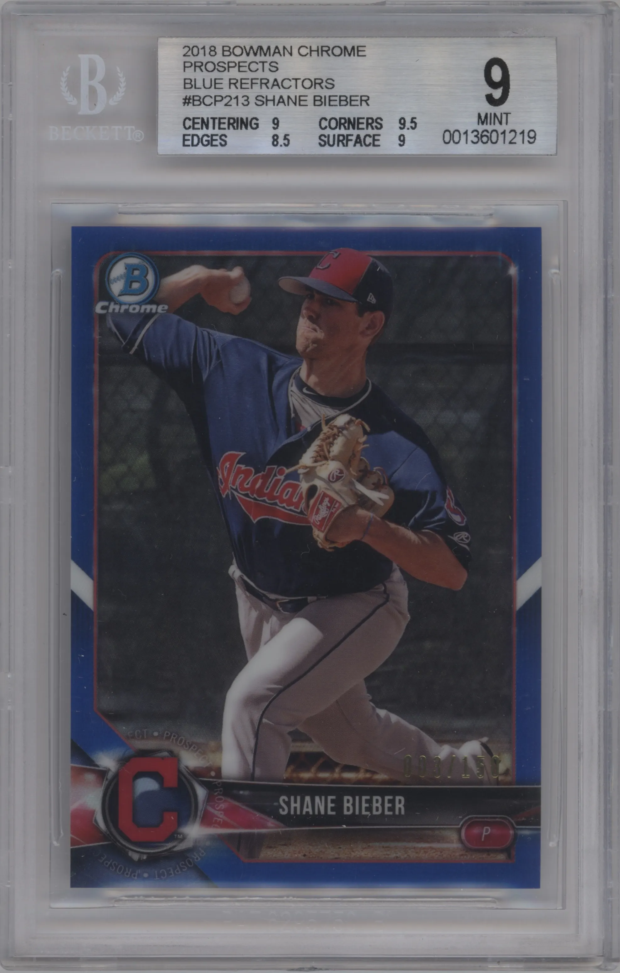 2018 Bowman Chrome Prospect Shane Bieber Blue Refractor BGS 9