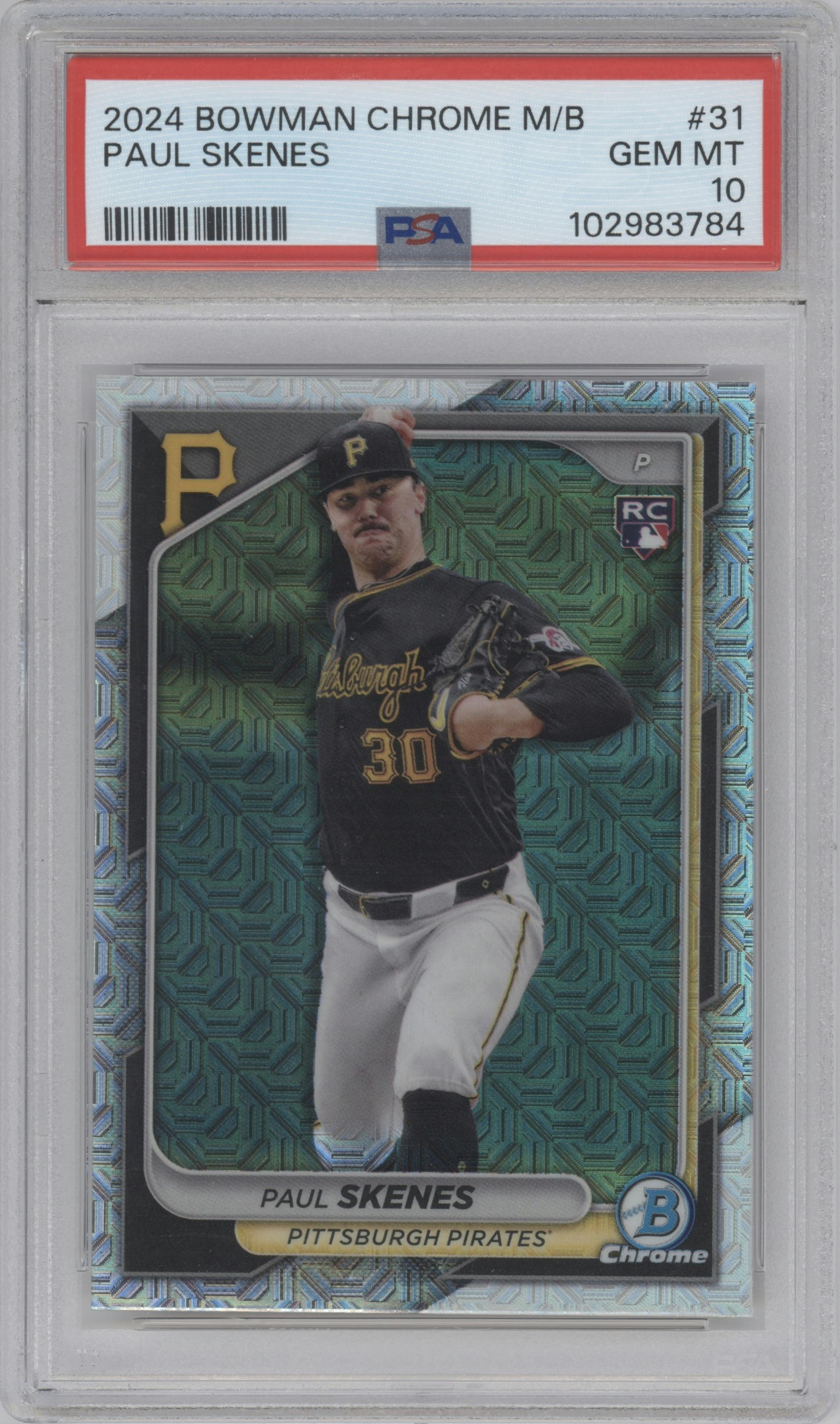 Paul Skenes from the 2024 Bowman Chrome Mega Box set graded by PSA and given an overall grade of 10.