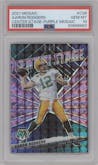 Aaron Rodgers from the 2021 Panini Mosaic set featuring a Purple Mosaic  parallel graded by PSA and given an overall grade of 10.