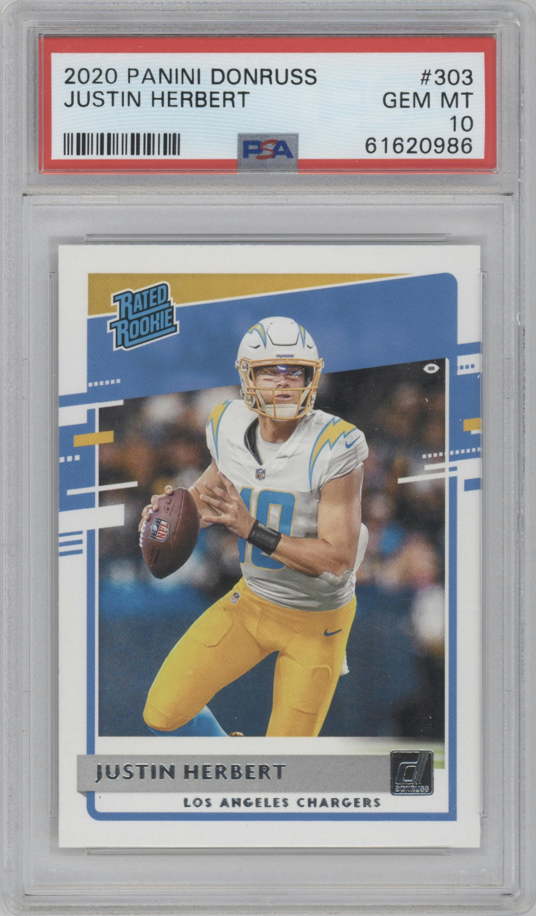 Justin Herbert from the 2020 Panini Donruss set graded by PSA and given an overall grade of 10.