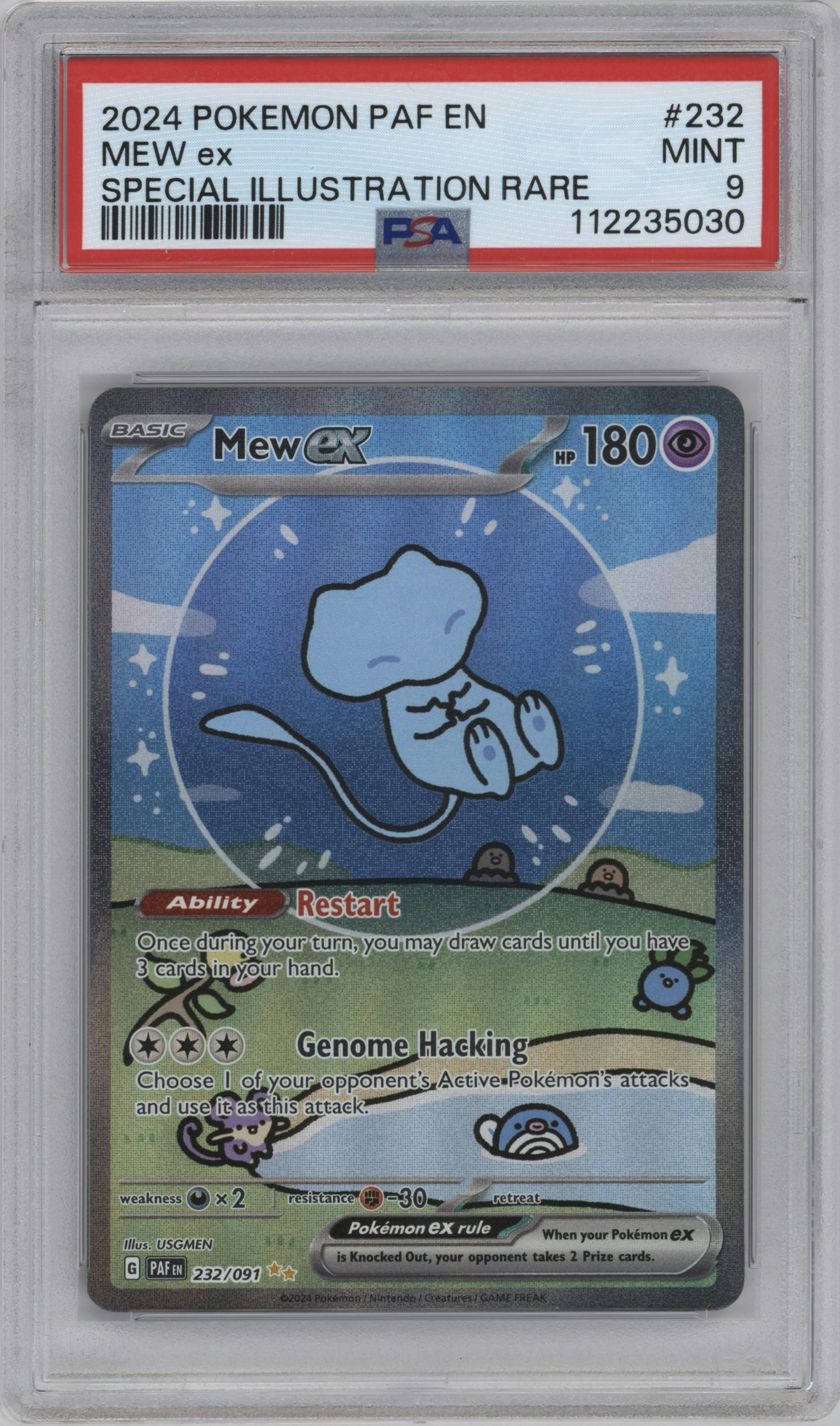 Mew ex from the 2024 Pokemon SV set graded by PSA and given an overall grade of 9.