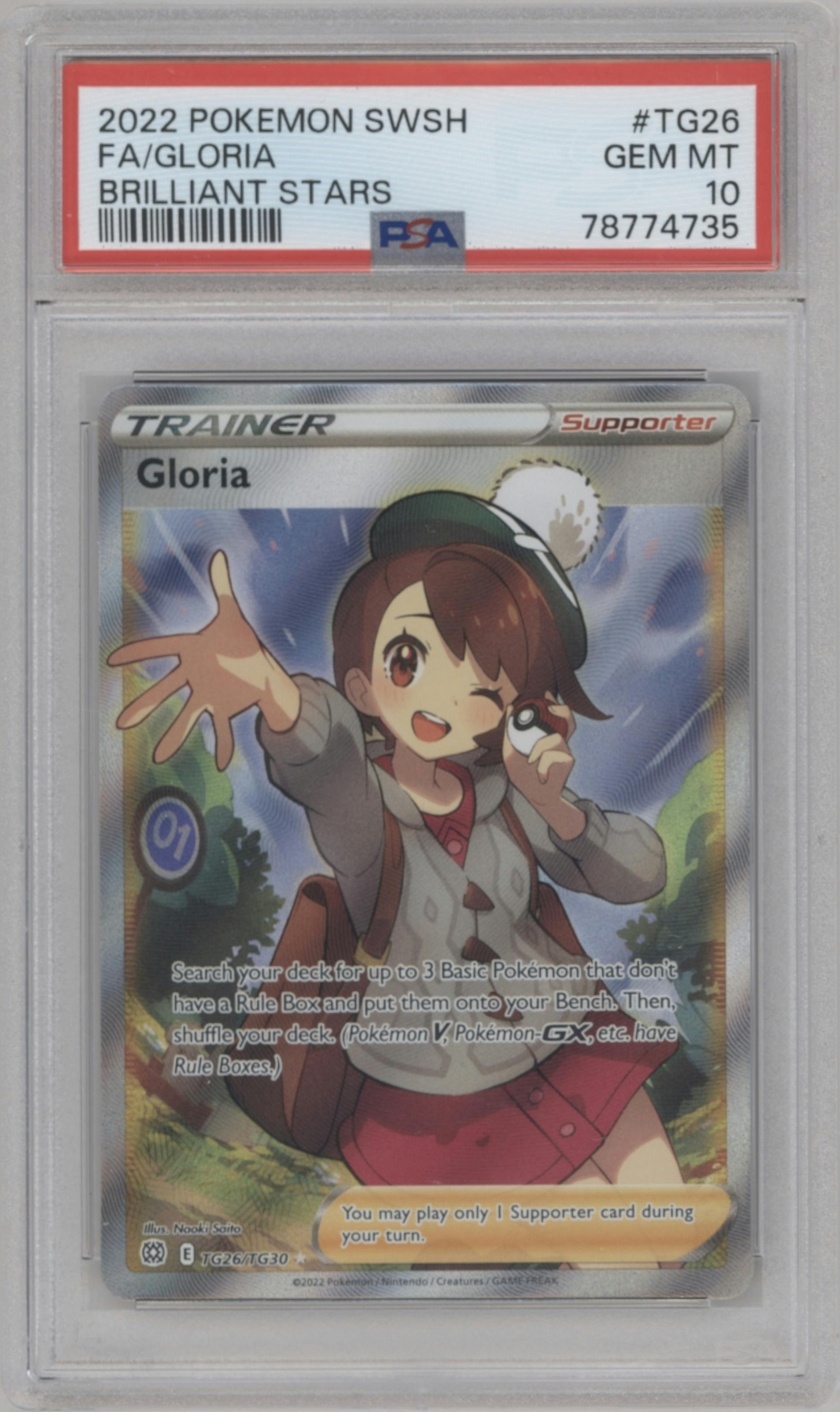Gloria from the 2022 Pokemon SWSH set graded by PSA and given an overall grade of 10.