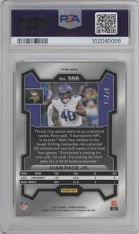 Ivan Pace Jr. from the 2023 Panini Prizm set featuring a Gold Sparkle parallel graded by PSA and given an overall grade of 10.