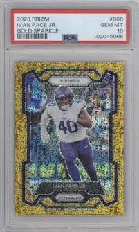 Ivan Pace Jr. from the 2023 Panini Prizm set featuring a Gold Sparkle parallel graded by PSA and given an overall grade of 10.