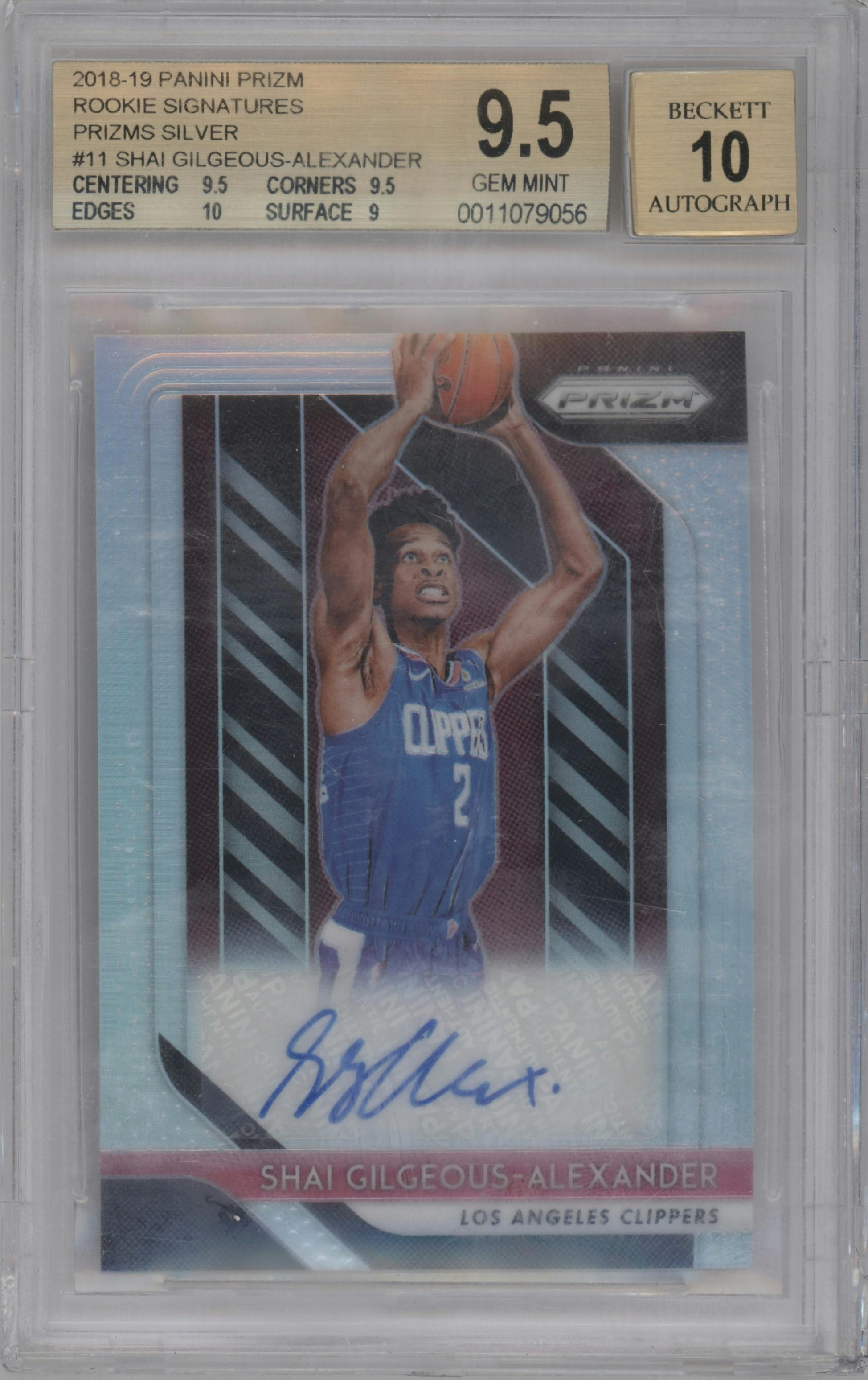Shai Gilgeous-Alexander from the 2018-19 Panini Prizm set featuring a Silver Prizm parallel graded by Beckett and given an overall grade of 9.5.