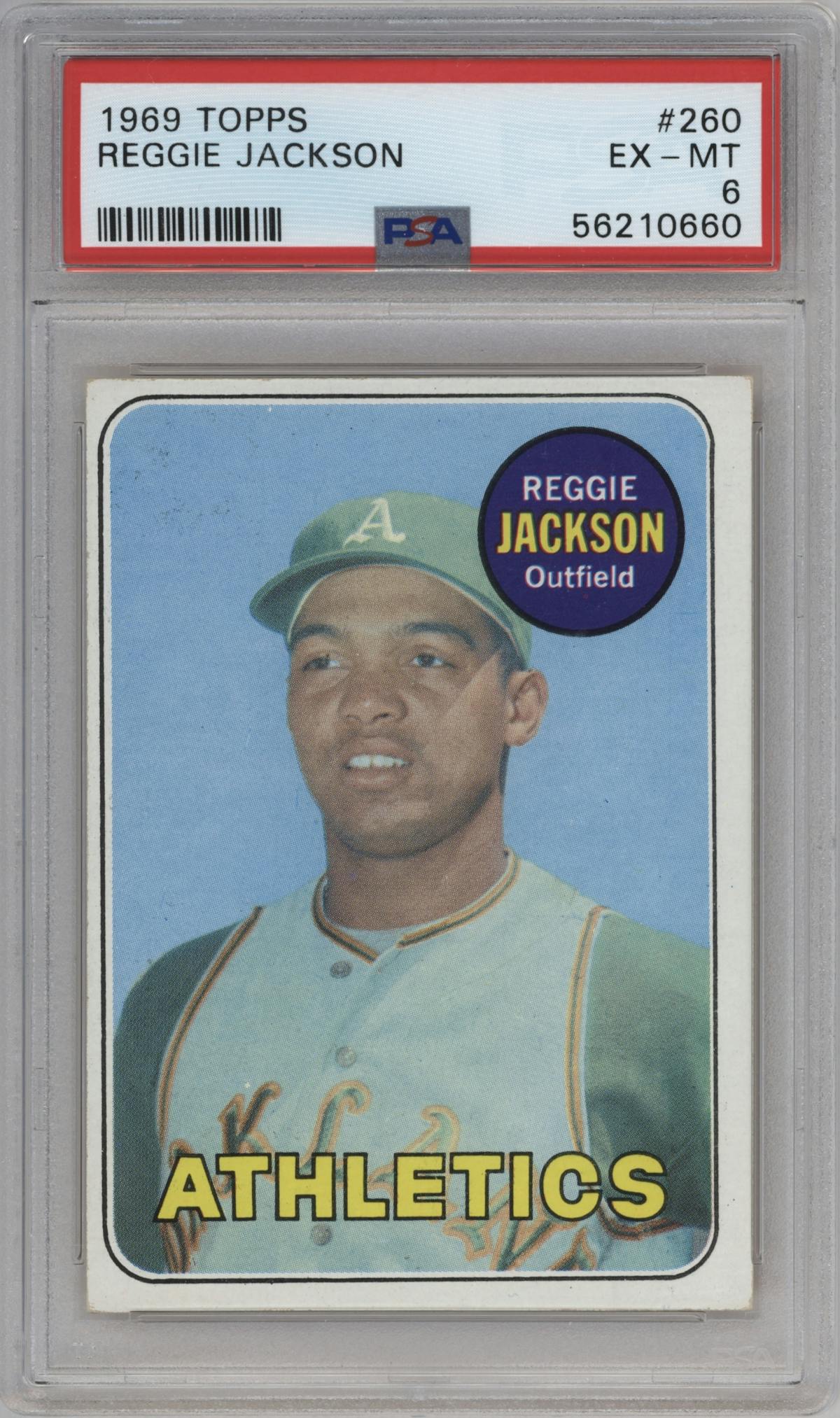 Reggie Jackson from the 1969 Topps set graded by PSA and given an overall grade of 6.