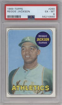 Reggie Jackson from the 1969 Topps set graded by PSA and given an overall grade of 6.