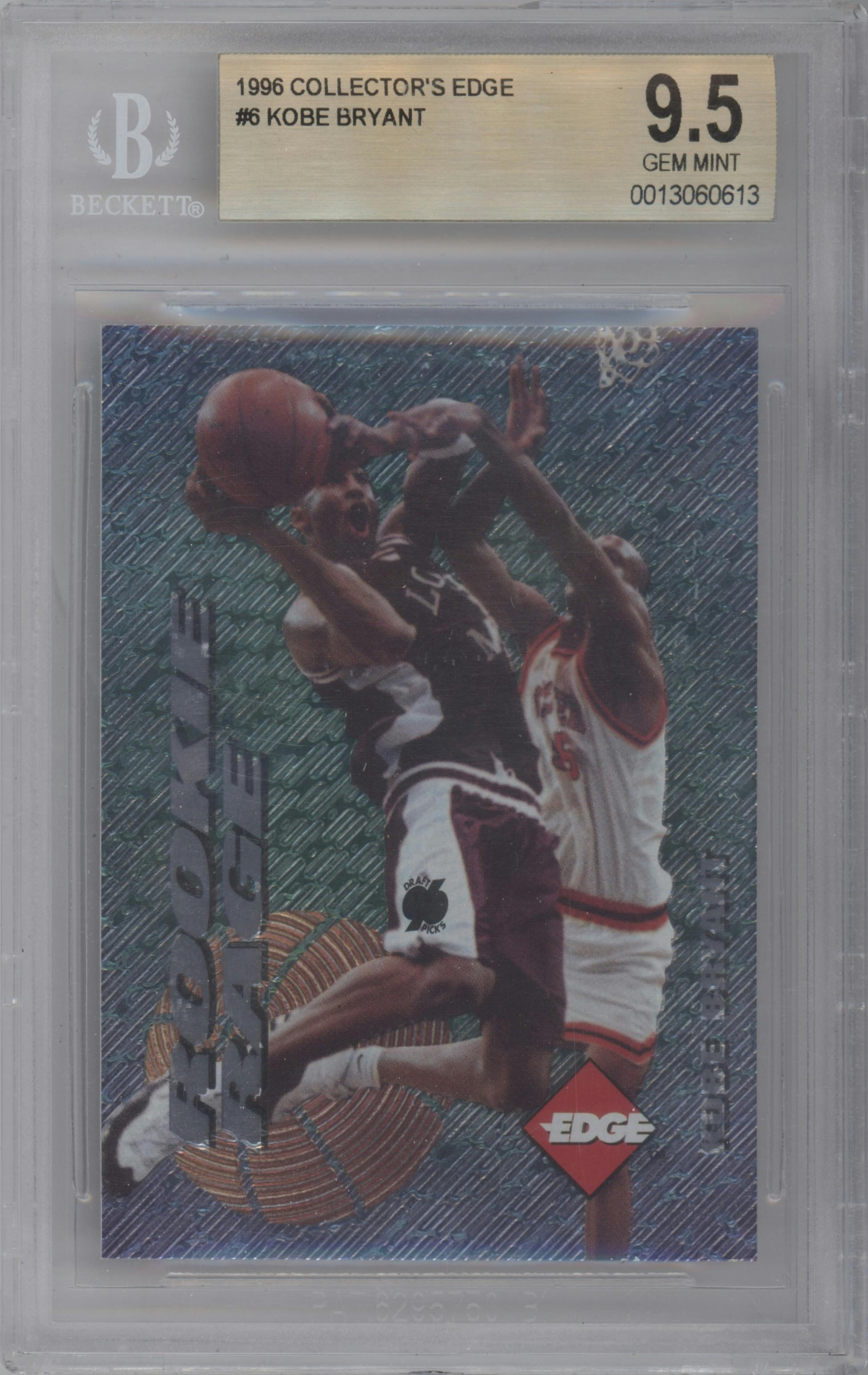 Kobe Bryant from the 1996 Collector's Edge Rookie Rage set graded by Beckett and given an overall grade of 9.5.