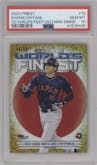 Shohei Ohtani from the 2023 Topps Finest set featuring a Gold Mini-Diamond Refractor parallel graded by PSA and given an overall grade of 10.