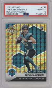 Trevor Lawrence from the 2021 Panini Mosaic set featuring a Reactive Yellow parallel graded by PSA and given an overall grade of 10.