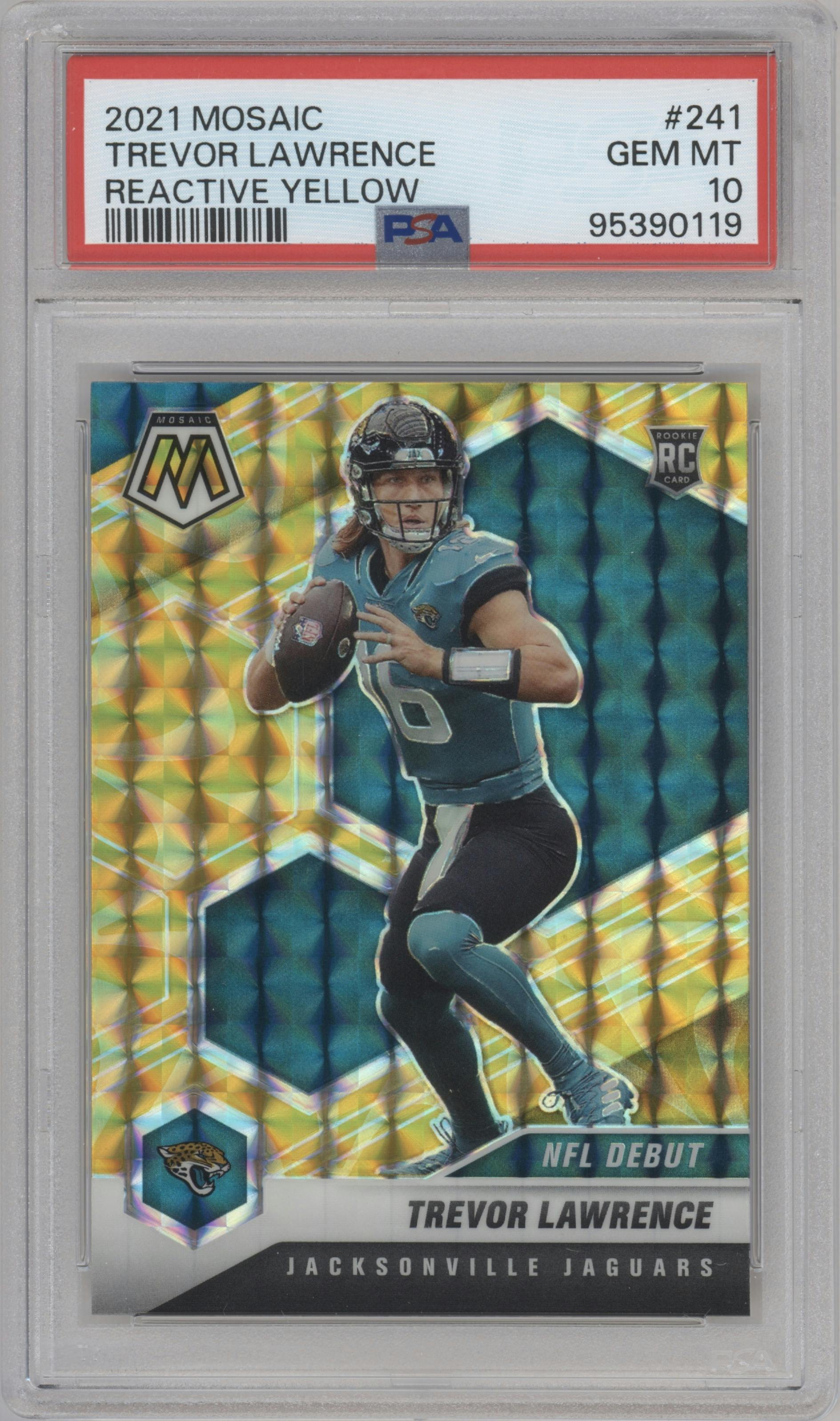 Trevor Lawrence from the 2021 Panini Mosaic set featuring a Reactive Yellow parallel graded by PSA and given an overall grade of 10.