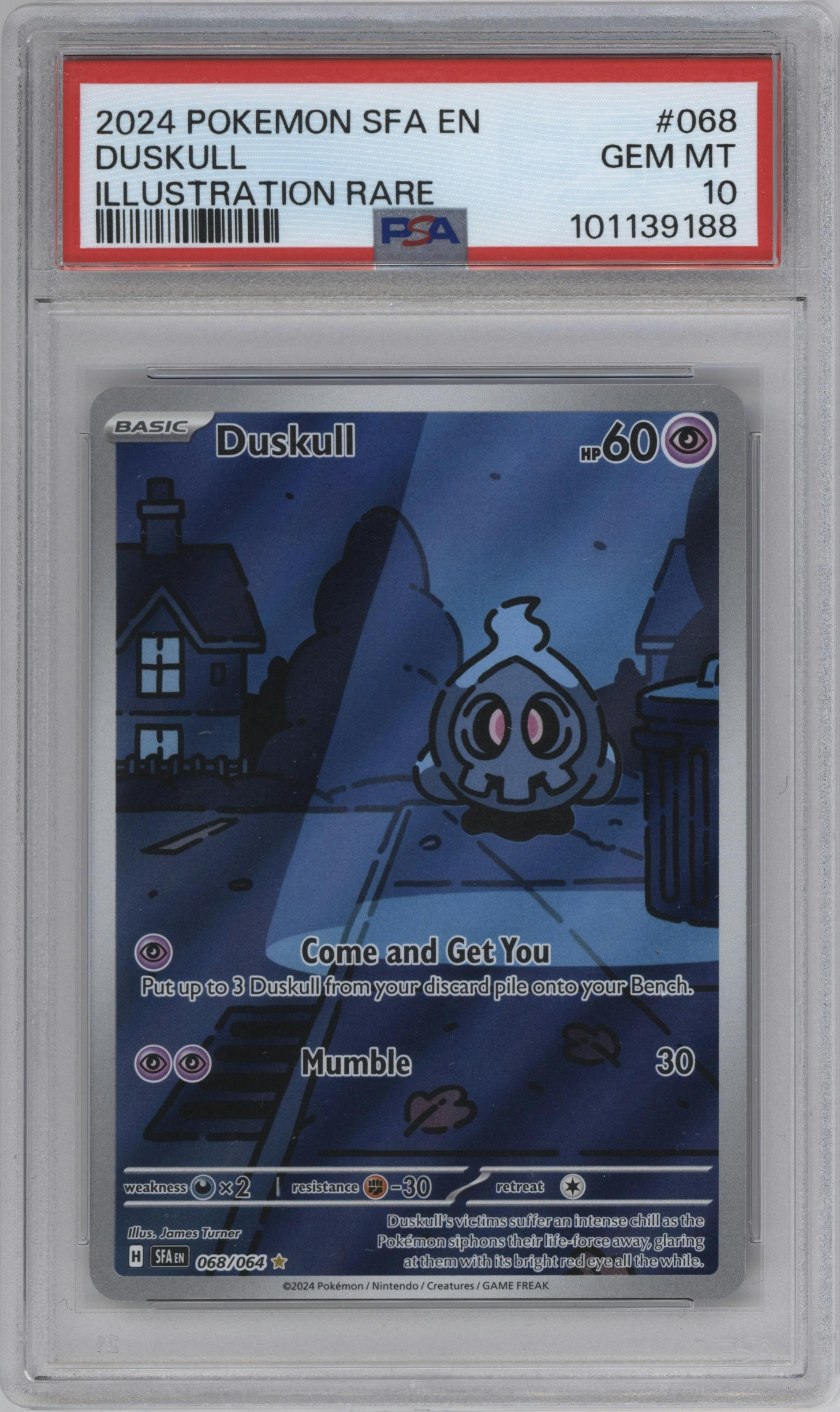 Duskull from the 2024 Pokemon SV set graded by PSA and given an overall grade of 10.