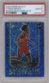 Tyrese Maxey from the 2020-21 Panini Select  set featuring a Blue parallel graded by PSA and given an overall grade of 10.