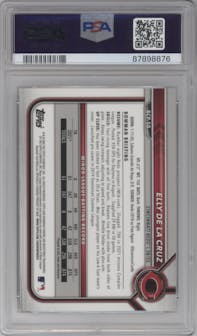 Elly De La Cruz from the 2022 Bowman Mega Box set featuring a Gold Refractor parallel graded by PSA and given an overall grade of 10.