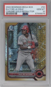 Elly De La Cruz from the 2022 Bowman Mega Box set featuring a Gold Refractor parallel graded by PSA and given an overall grade of 10.