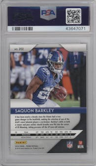 Saquon Barkley from the 2018 Panini Prizm set graded by PSA and given an overall grade of 10.