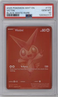 Victini from the 2025 Pokemon SV set featuring a Black White Rare parallel graded by PSA and given an overall grade of 10.
