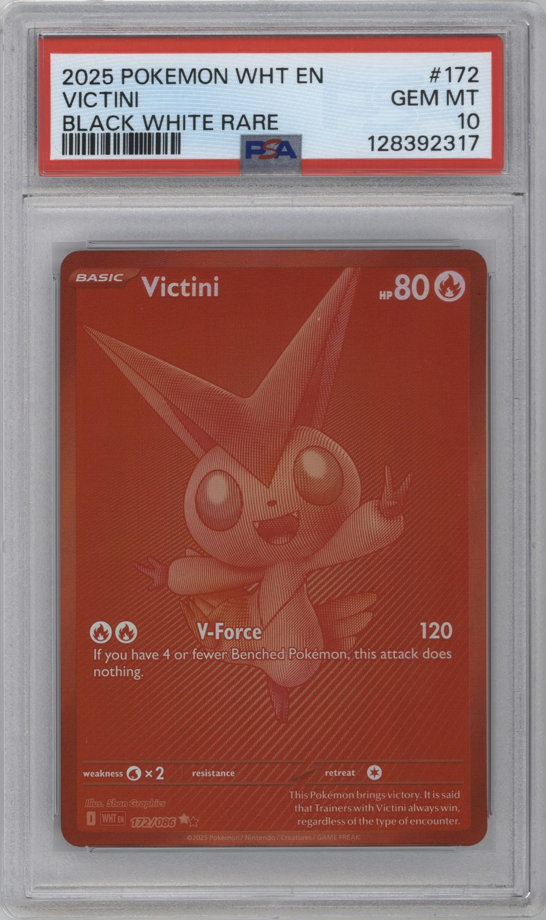 Victini from the 2025 Pokemon SV set featuring a Black White Rare parallel graded by PSA and given an overall grade of 10.