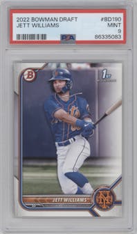 Jett Williams from the 2022 Bowman Draft set graded by PSA and given an overall grade of 9.