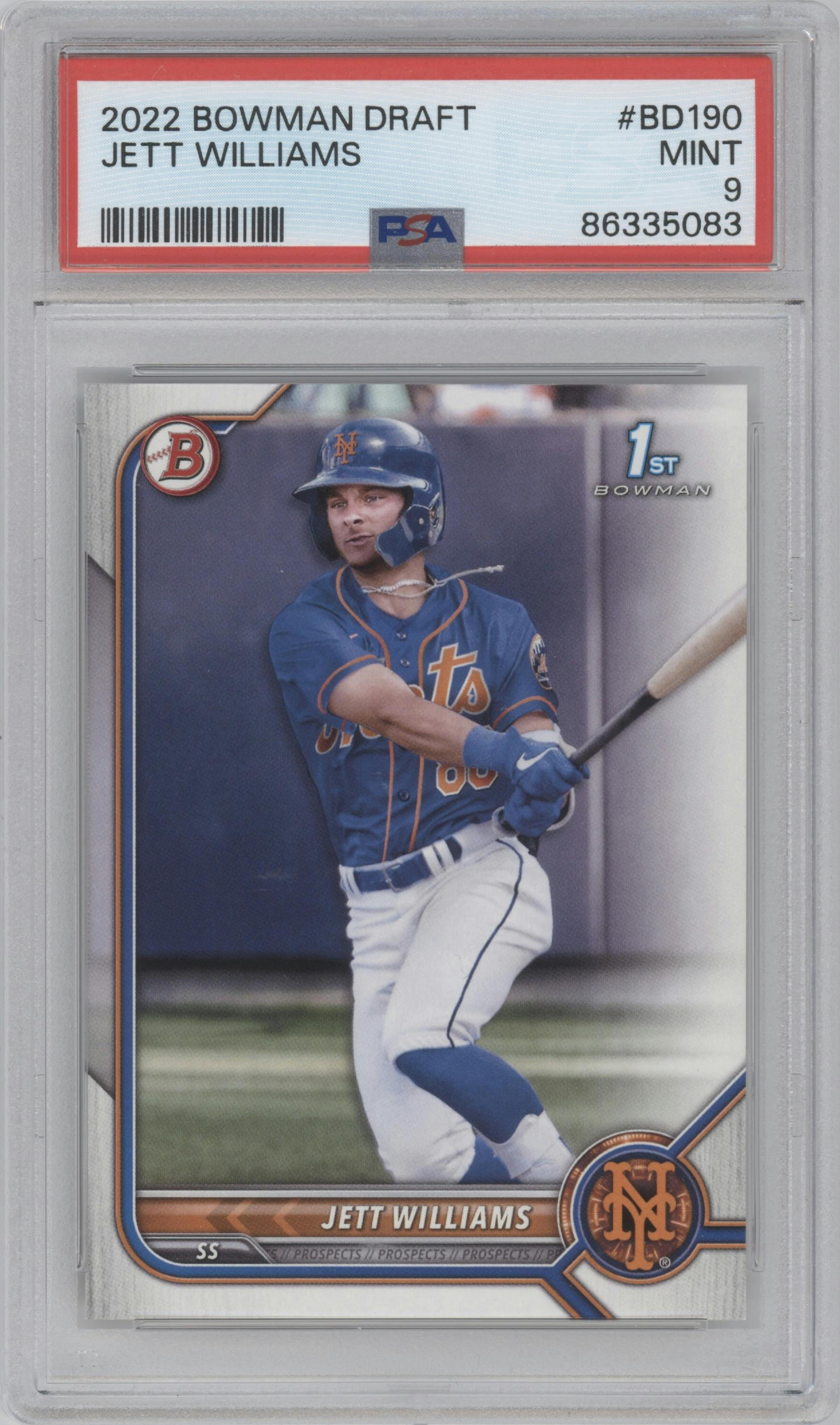 Jett Williams from the 2022 Bowman Draft set graded by PSA and given an overall grade of 9.