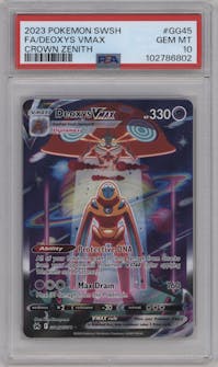 Deoxys VMAX from the 2023 Pokemon SWSH set graded by PSA and given an overall grade of 10.