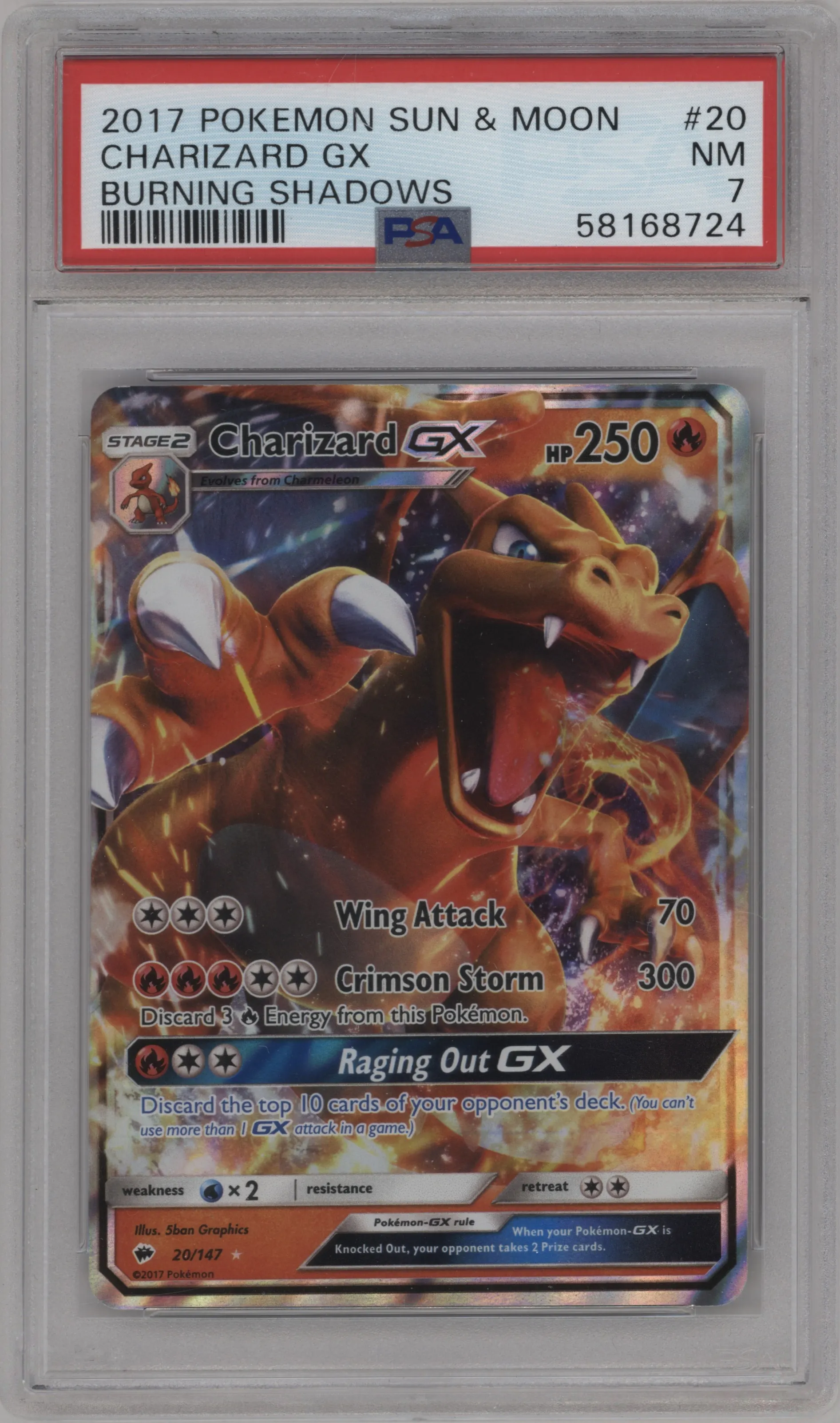 2017 Pokemon S&M Burning Shadows Charizard GX #20 PSA 7