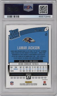 Lamar Jackson from the 2018 Panini Donruss Optic set featuring a Red parallel graded by PSA and given an overall grade of 10.