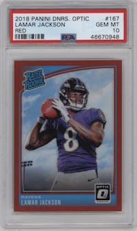 Lamar Jackson from the 2018 Panini Donruss Optic set featuring a Red parallel graded by PSA and given an overall grade of 10.