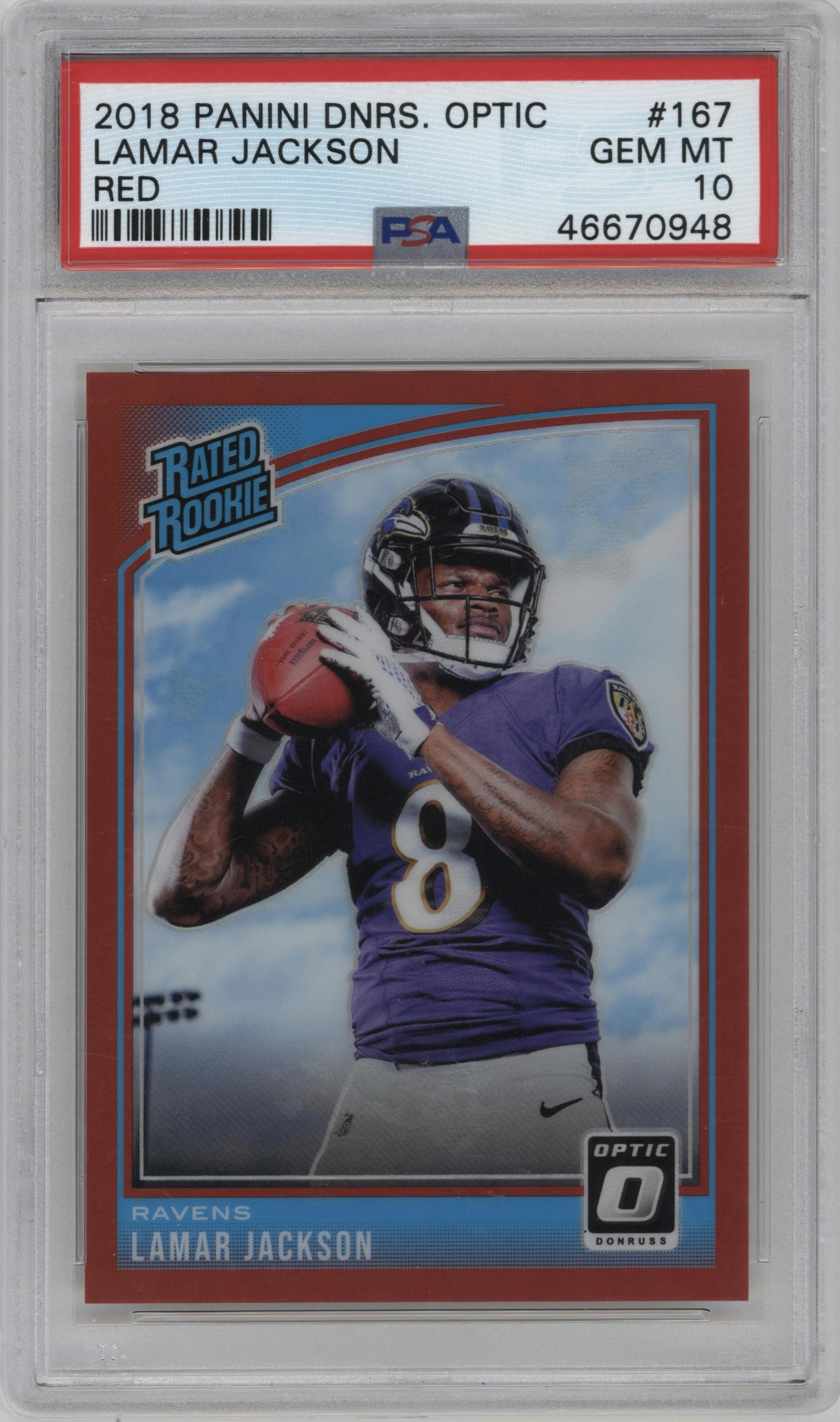 Lamar Jackson from the 2018 Panini Donruss Optic set featuring a Red parallel graded by PSA and given an overall grade of 10.