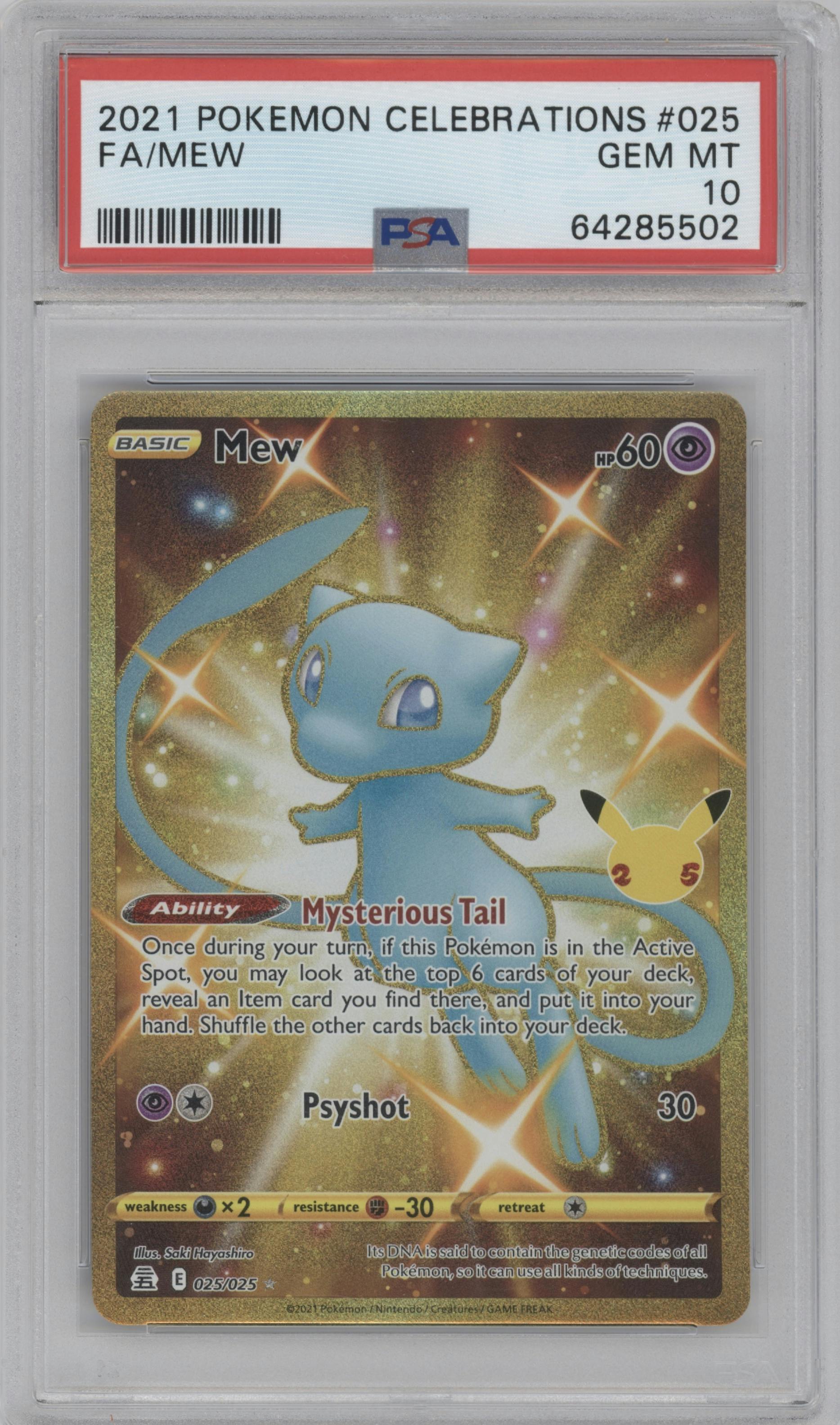 Mew from the 2021 Pokemon SWSH set graded by PSA and given an overall grade of 10.