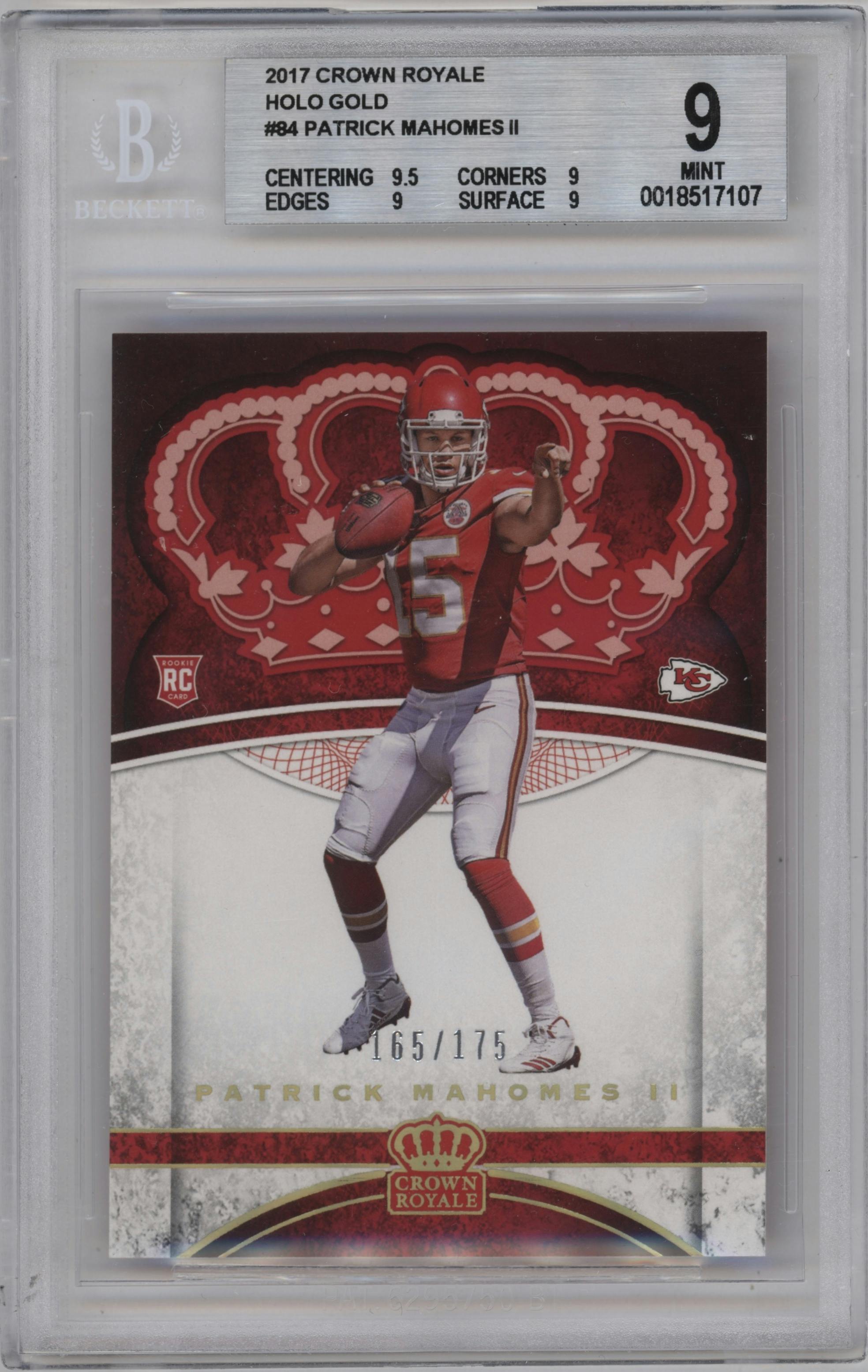 Patrick Mahomes II from the 2017 Panini Crown Royale set featuring a Holo Gold parallel graded by Beckett and given an overall grade of 9.