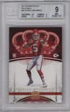 Patrick Mahomes II from the 2017 Panini Crown Royale set featuring a Holo Gold parallel graded by Beckett and given an overall grade of 9.