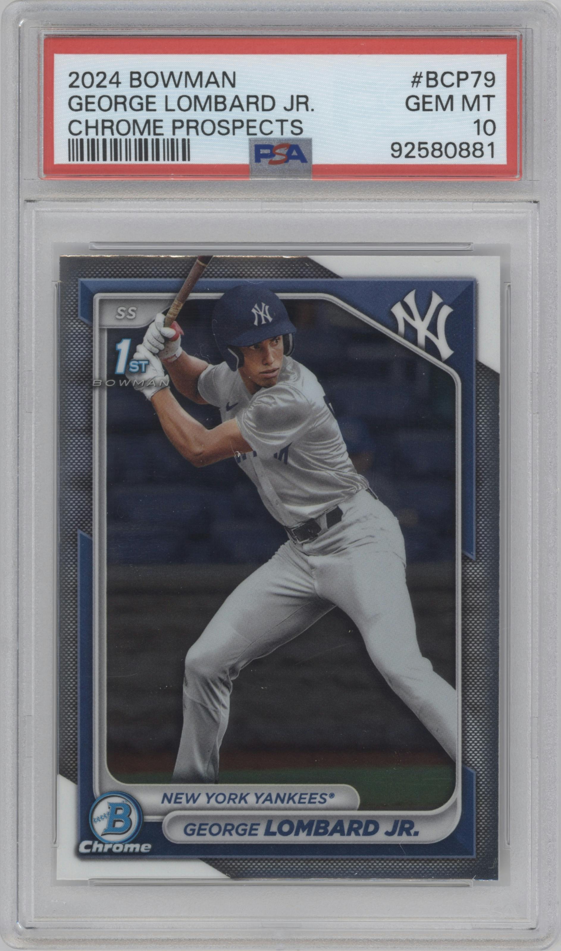 George Lombard Jr. from the 2024 Bowman set graded by PSA and given an overall grade of 10.