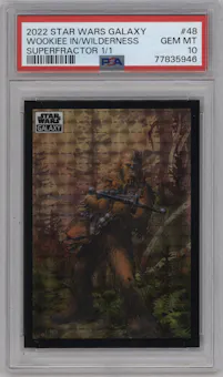 A Wookiee in the Wilderness from the 2022 Topps Chrome Star Wars Galaxy set featuring a Superfractor parallel graded by PSA and given an overall grade of 10.