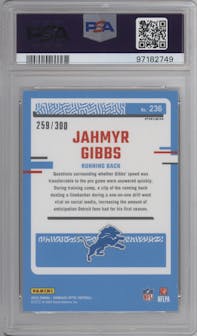 Jahmyr Gibbs from the 2023 Donruss Optic set featuring a Wave parallel graded by PSA and given an overall grade of 10.