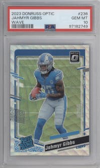 Jahmyr Gibbs from the 2023 Donruss Optic set featuring a Wave parallel graded by PSA and given an overall grade of 10.