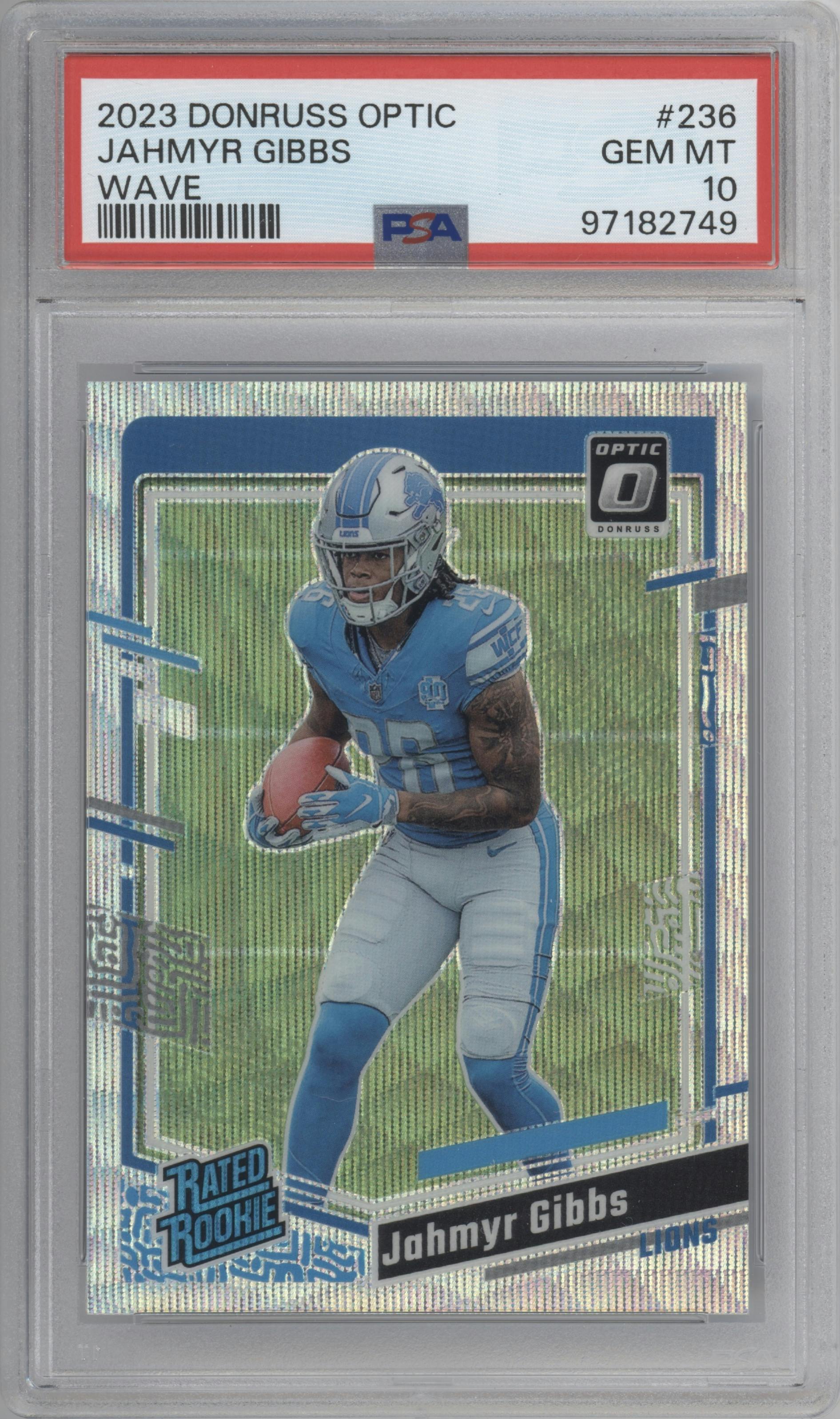 Jahmyr Gibbs from the 2023 Donruss Optic set featuring a Wave parallel graded by PSA and given an overall grade of 10.