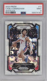 Cade Cunningham from the 2023-24 Panini Prizm set featuring a White Ice Prizm parallel graded by PSA and given an overall grade of 9.