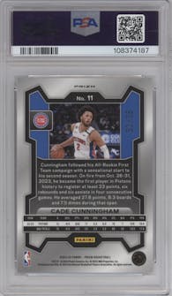 Cade Cunningham from the 2023-24 Panini Prizm set featuring a White Ice Prizm parallel graded by PSA and given an overall grade of 9.