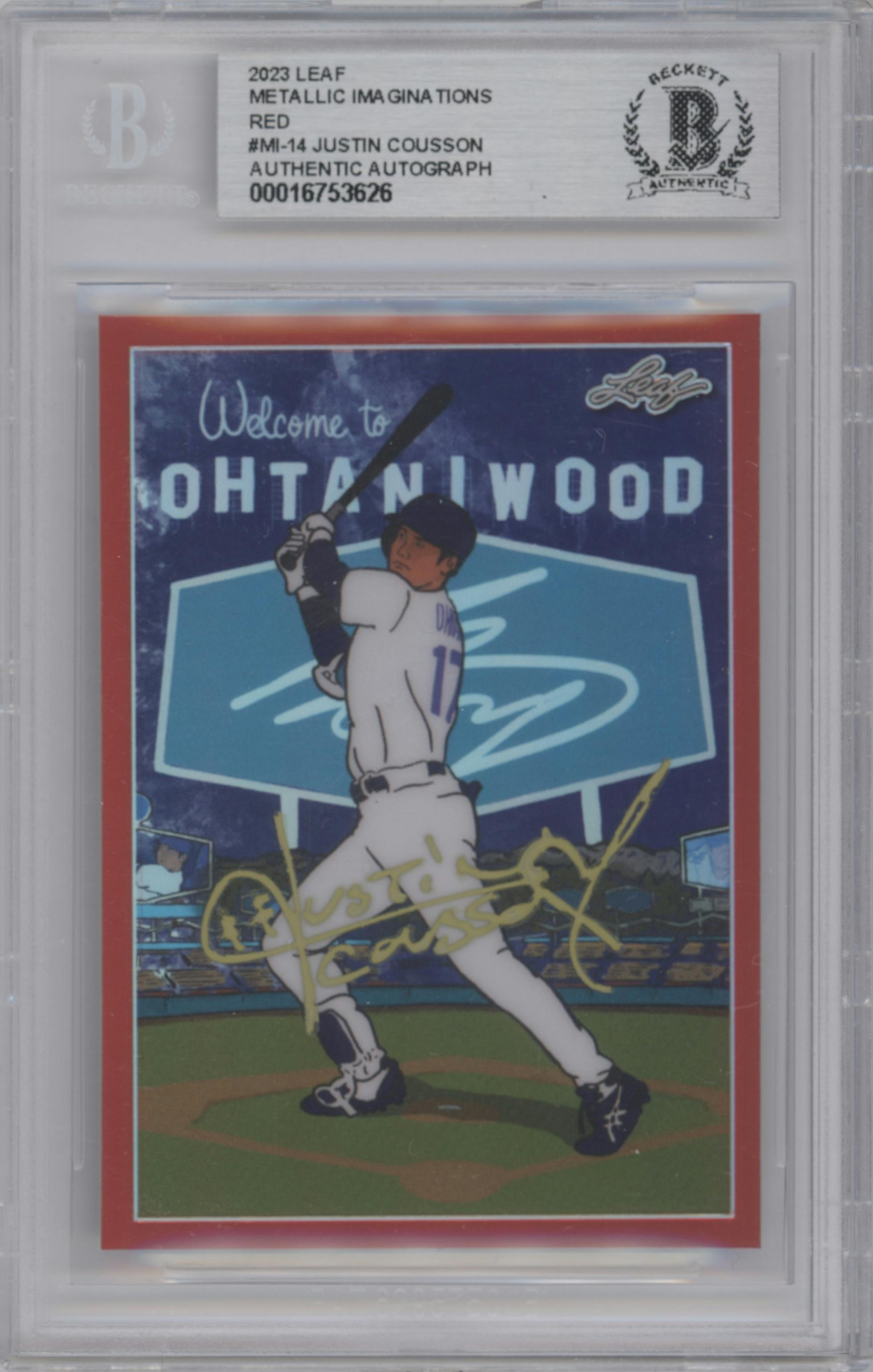 Shohei Ohtani from the 2023 Leaf Metallic Imaginations set featuring a Red parallel graded by Beckett.