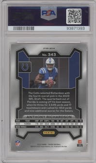 Anthony Richardson from the 2023 Panini Prizm set featuring a Disco parallel graded by PSA and given an overall grade of 10.