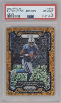 Anthony Richardson from the 2023 Panini Prizm set featuring a Disco parallel graded by PSA and given an overall grade of 10.