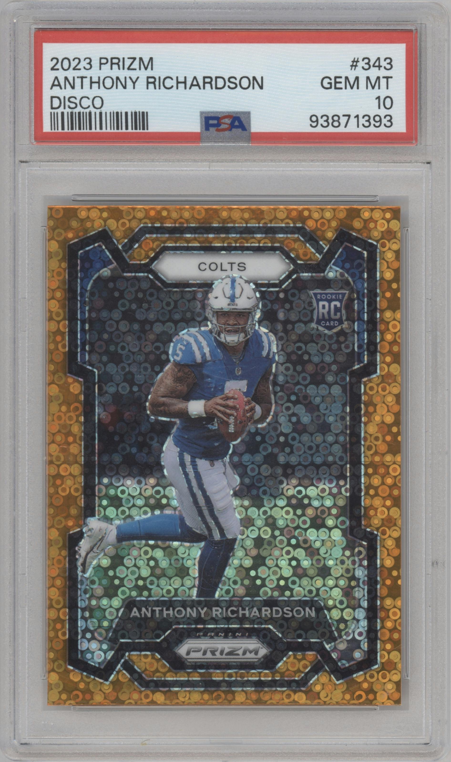 Anthony Richardson from the 2023 Panini Prizm set featuring a Disco parallel graded by PSA and given an overall grade of 10.