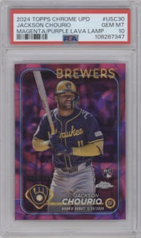 Jackson Chourio from the 2024 Topps Chrome Update set featuring a Magenta/Purple Lava Lamp Refractors parallel graded by PSA and given an overall grade of 10.