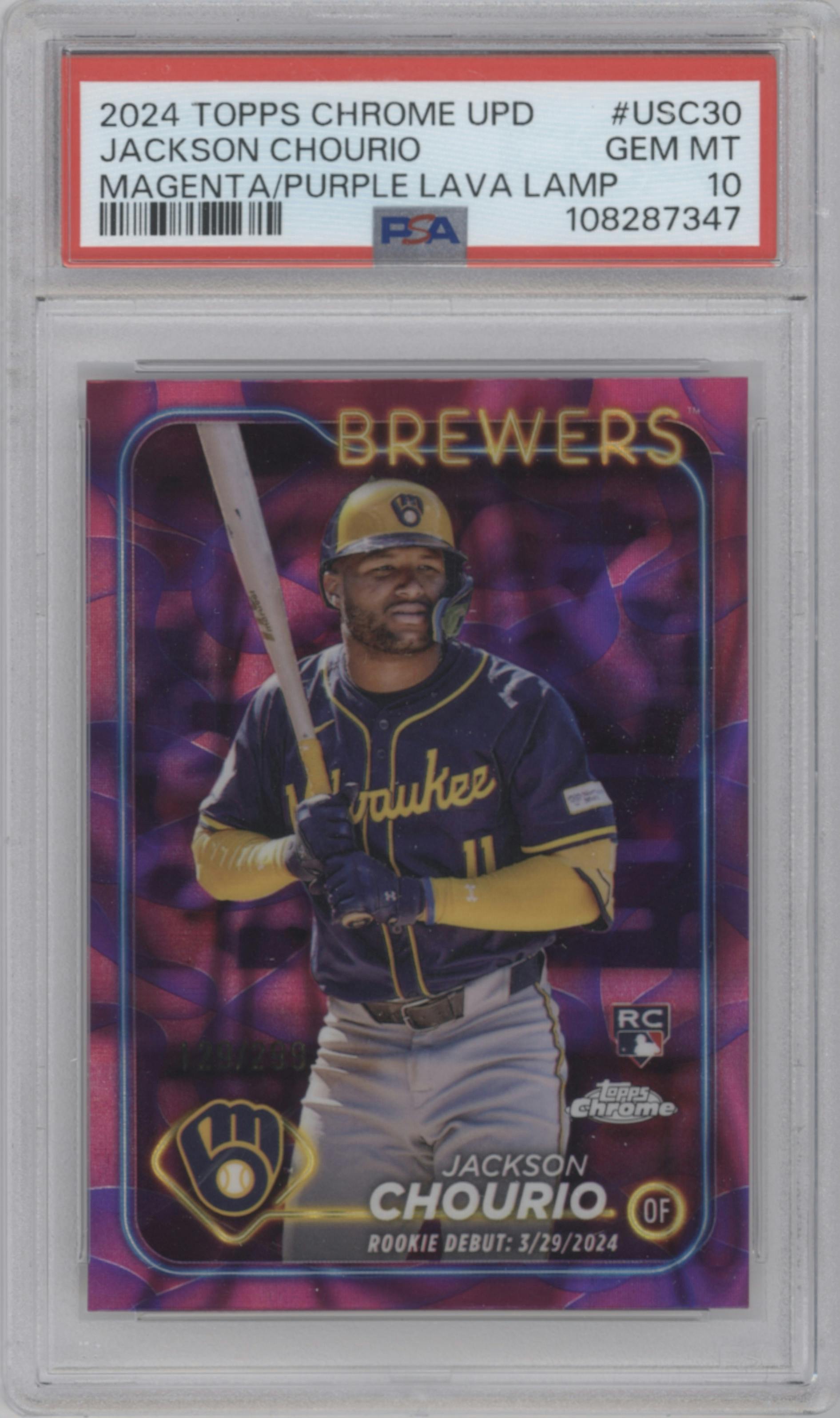 Jackson Chourio from the 2024 Topps Chrome Update set featuring a Magenta/Purple Lava Lamp Refractors parallel graded by PSA and given an overall grade of 10.