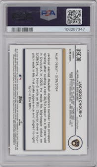 Jackson Chourio from the 2024 Topps Chrome Update set featuring a Magenta/Purple Lava Lamp Refractors parallel graded by PSA and given an overall grade of 10.